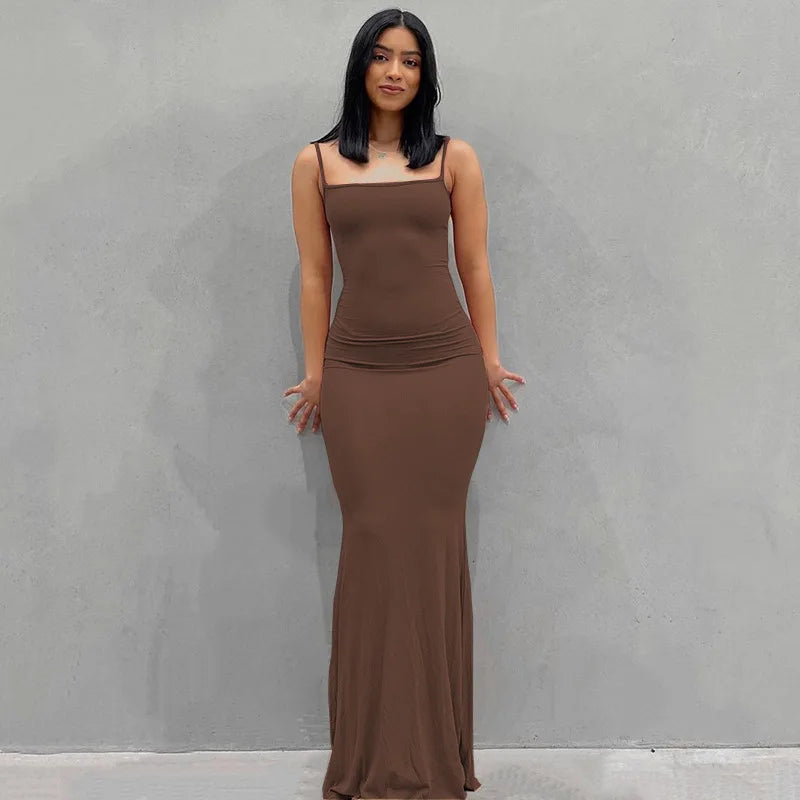 WUZIJING 2024 Satin Slip Sleeveless Backless Maxi Dress 2024 Y2K Summer Bodycon Elegant Sexy Outfits Ladies Birthday Party Club Brown