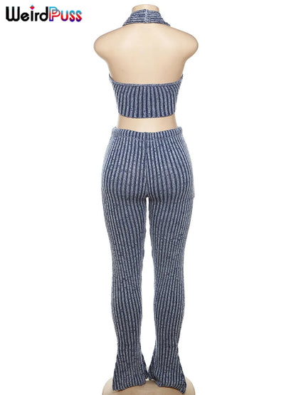 Weird Puss Patchwork Striped Women Casual 2 Piece Set Crochet Halter Low-Neck Vest+Pocket Pants Stretch Skinny Matching Suit Badiee Stylez
