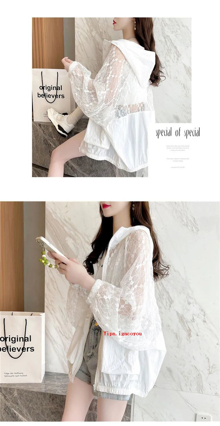 Fashion Lace Hollow Sun-Protective Clothes Women Hooded Coat New Summer Long Sleeve Cardigan Jacket Female Loose Outerwear G2498