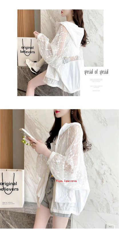 Fashion Lace Hollow Sun-Protective Clothes Women Hooded Coat New Summer Long Sleeve Cardigan Jacket Female Loose Outerwear G2498