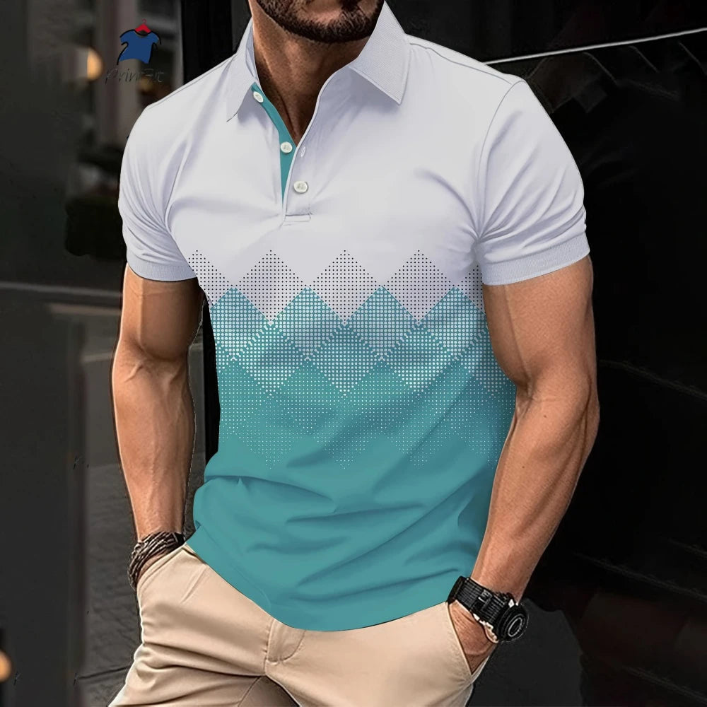 Stylish Geometric Polo Shirt for Men - Fashionable Lapel Design for Business & Casual Wear