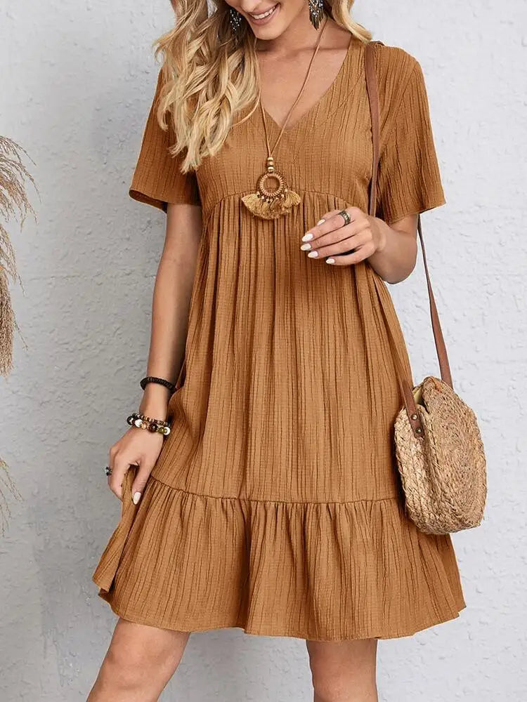 Women Elegant Short Sleeve V Neck Ruffles Dress Summer Casual Solid Loose Mini Dress Chic Bohemian Sundress Beach Party Vestidos Badiee Stylez