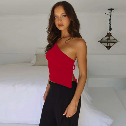 Sexy One Shoulder Off the Shoulder the Back Small Top 2024 Summer Solid Color Irregular Lace up Short Top