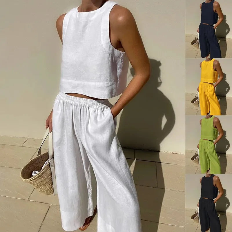 Women's Solid Color Casual Sleeveless Shirt And Pants Two Piece Summer Loose Simple Wide Leg Pants Vest Female 2025