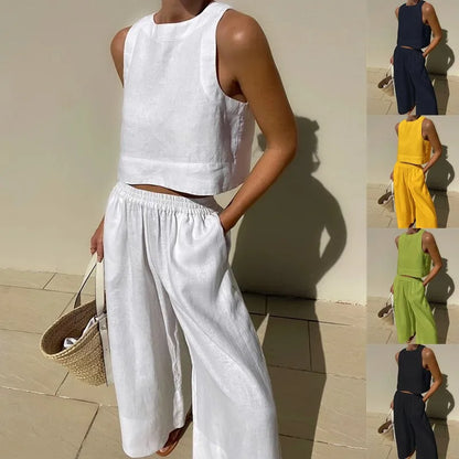 Women's Solid Color Casual Sleeveless Shirt And Pants Two Piece Summer Loose Simple Wide Leg Pants Vest Female 2025
