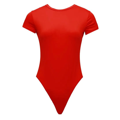 Sexy One Piece Bodycon Bodysuit Short Sleeve O Neck Open Basic White Black Red Overalls Women Body Top Skinny Rompers Female Red