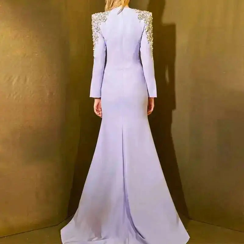 QMQA Fashion Women's Evening Dress Bead Diamond Spliced V Neck Long Sleeve High Waist Maxi Party Dresses 2025 Spring New QM324 Badiee Stylez