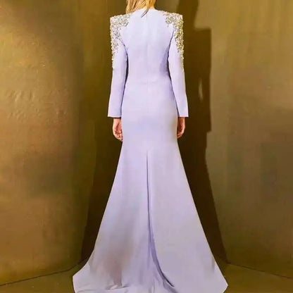 QMQA Fashion Women's Evening Dress Bead Diamond Spliced V Neck Long Sleeve High Waist Maxi Party Dresses 2025 Spring New QM324 Badiee Stylez