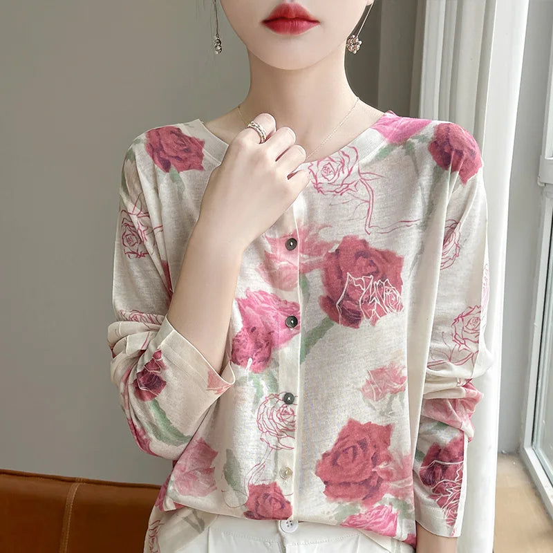 Spring And Summer New Lyocell Water-Soluble Wool Blended Round Neck Knit Cardigan Long Sleeve Feminine Sweater Printed Top