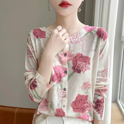 Spring And Summer New Lyocell Water-Soluble Wool Blended Round Neck Knit Cardigan Long Sleeve Feminine Sweater Printed Top