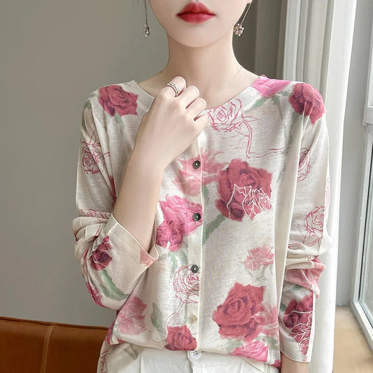 Spring And Summer New Lyocell Water-Soluble Wool Blended Round Neck Knit Cardigan Long Sleeve Feminine Sweater Printed Top