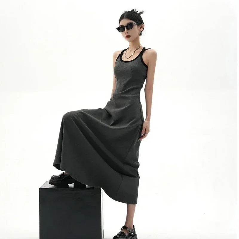 New Fashion Summer Black Loose Slip Dress Off Shoulder Solid Simplicity All-match Sleeveless Dress Temperament Women Clothing GRAY