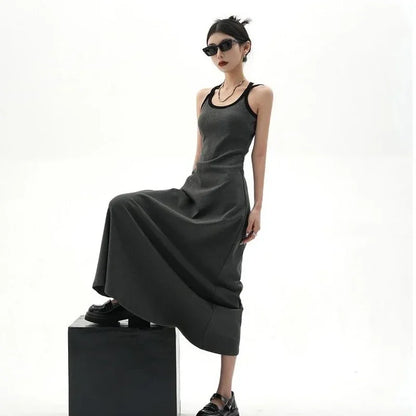 New Fashion Summer Black Loose Slip Dress Off Shoulder Solid Simplicity All-match Sleeveless Dress Temperament Women Clothing GRAY