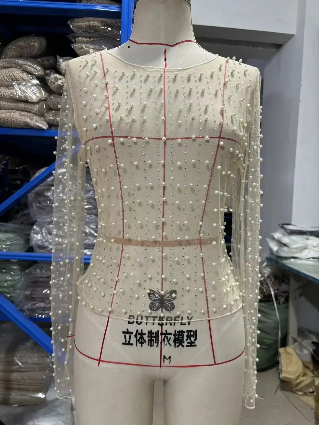 Spring and Summer New Hot Diamond Pearl Top Elastic Crew Neck Mesh Thin Heavy Industry Transparent Women Clothes skin colour Dense