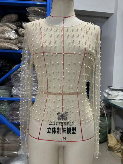Spring and Summer New Hot Diamond Pearl Top Elastic Crew Neck Mesh Thin Heavy Industry Transparent Women Clothes skin colour Dense