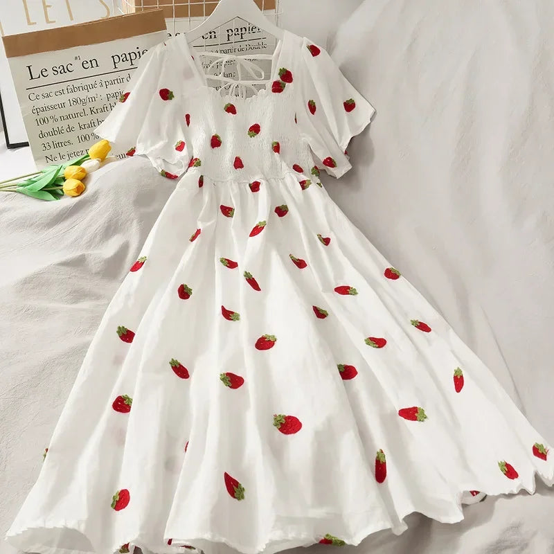 Vintage Kawaii Strawberry Dress Women Sexy Ruffle Puff Sleeve Off Shoulder Embroidery Summer Party Dresses 2023 Korean Elegant strawberry dress A