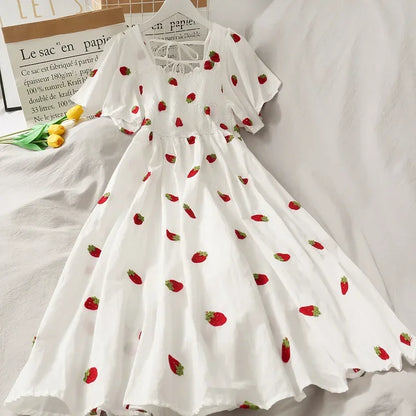 Vintage Kawaii Strawberry Dress Women Sexy Ruffle Puff Sleeve Off Shoulder Embroidery Summer Party Dresses 2023 Korean Elegant strawberry dress A