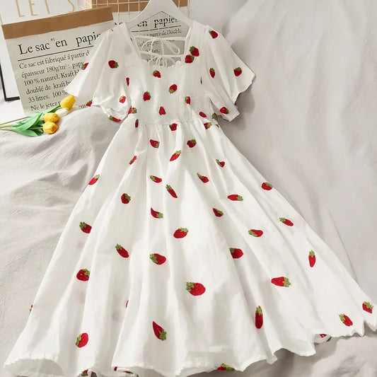 Vintage Kawaii Strawberry Dress Women Sexy Ruffle Puff Sleeve Off Shoulder Embroidery Summer Party Dresses 2023 Korean Elegant strawberry dress A
