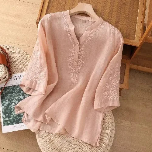 Thin Streetwear Vintage Clothes Ethnic Style Cotton Linen Shirts for Women Clothing Top Tshirt Tees Fashion Casual Embroidery pink-B