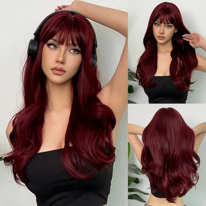 Blonde synthetic wig with straight bangs Ladies Cosplay wig High temperature silk wig set with big waves and long curly hair 412-131-wine red