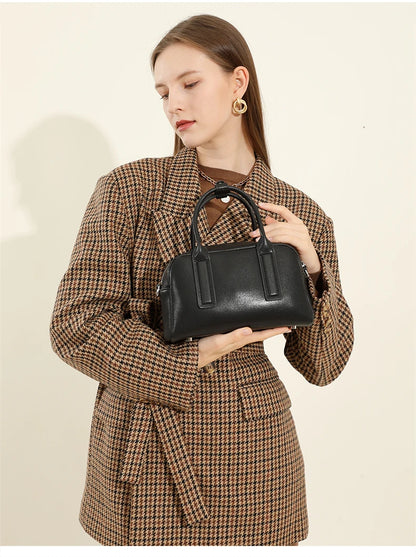 Hifashion Vintage Boston Cow Genuine Leather Handbags For Women 2025 Trend Designer Bowling Work Ladies Shoulder Crossbody Bags