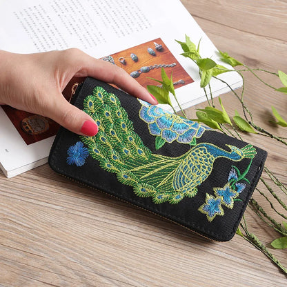 Ethnic Style Embroidery Ladies Wallets Rose Pattern Long Clutch Cloth Money Bag Large Capacity Phone Pocket Women Coin Purse Black Peacock CHINA