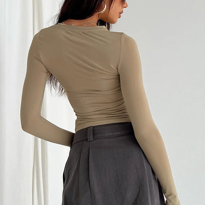 2024 Spring Autumn Women Y2K Pink T-Shirt Causal Long Sleeve Crop Tops O Neck Pullovers Base Tees Bodycon Slim Fit T Shirt