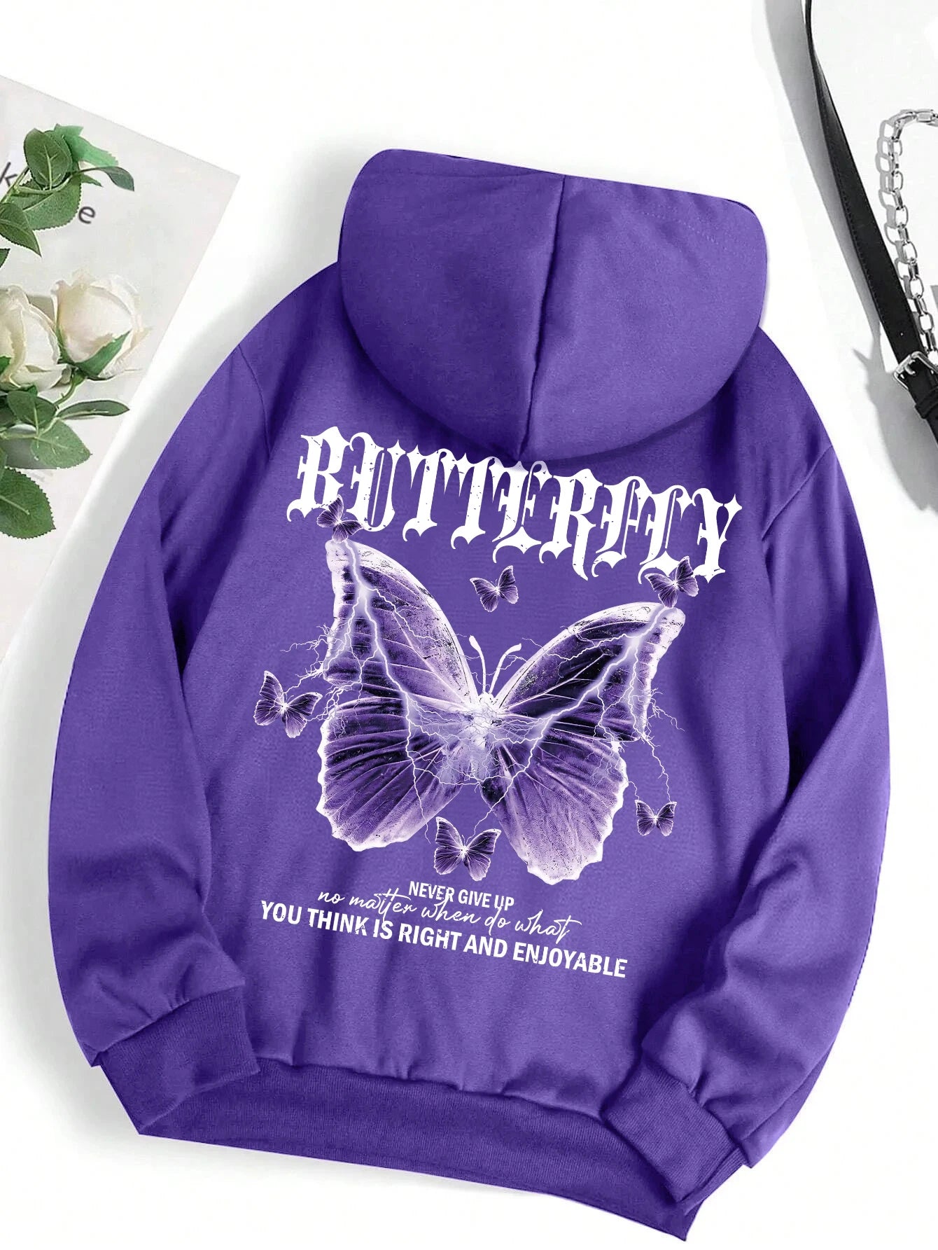 Beautiful Purple Butterfly Printing Hoodies Women Fleece Pocket Hoody Simple Casual Hoodie Autumn Loose Female Streetwear Purple