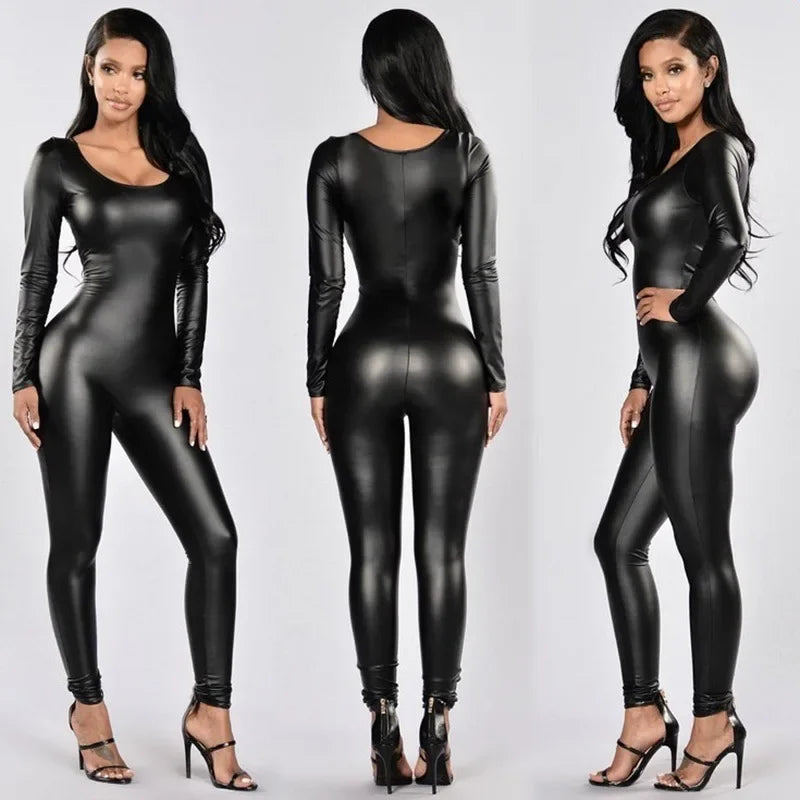 Women Jumpsuit Patent Leather Sexy Black Long Sleeve Jumpsuit Female Uniform Bodysuit Badiee Stylez