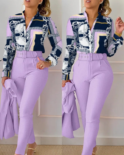Autumn Winter Stand Neck Floral Print Long Sleeve Shirt Pants Two Piece Sets Elegant Women Casual Shirt Trousers Suits With Belt