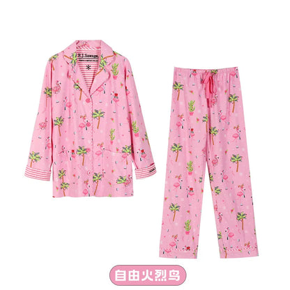 Women's Print Cotton Pajama Set Long Sleeve Autumn Winter Ladies Sleepwear 2 Pcs with Pant Single Breasted Pijama Suit Female Style 2