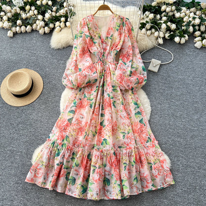 Chic vintage long sleeve lantern sleeve V-neck print pleated Elegant Fairy korean dress women clothing Long dress
