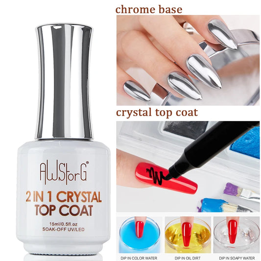 AWStorG15ml 2 IN 1 Crystal Top Coat Transparent Soak Off UV LED Nails Art Manicure Gel Nail Polish Varnishes Primer Function Gel 2 IN 1 Crystal Top