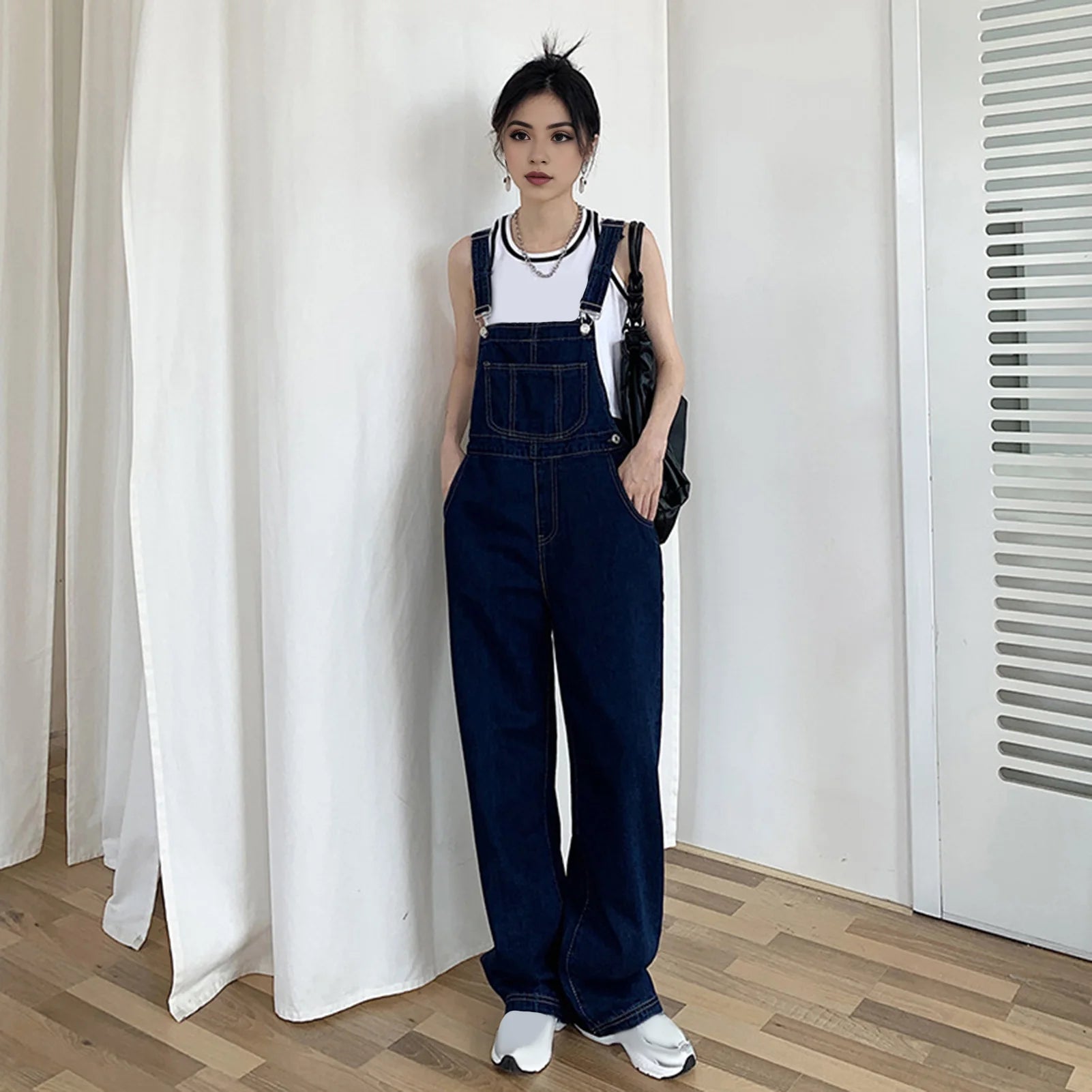 Denim Jumpsuit Summer Women Vintage Preppy Style Pockets Loose Fit High Waist Wide Leg Overalls Streetwear Straight Jeans