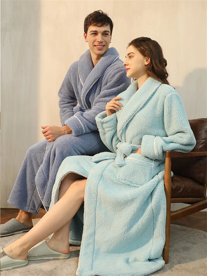 Men's Winter Bathrobe Long Sleeve Warm Turn Down Collar Man Fluffy Bath Robe With Sashes Solid Fleece Dressing Gown For Male