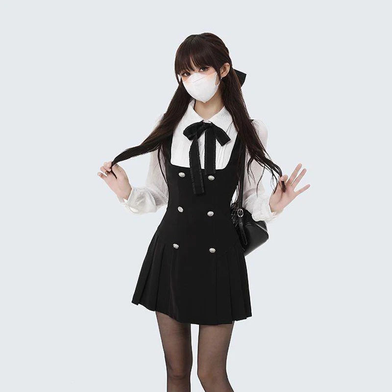 Fake Two-piece Dress Women Preppy Style Bow Buttons Long Sleeve A-line Mini Dress