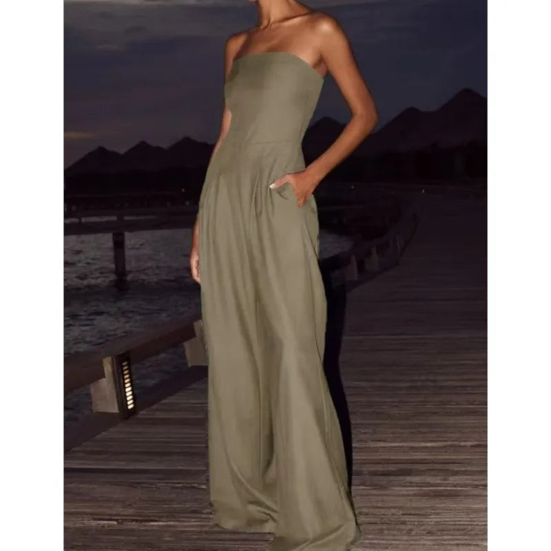 Summer Women's Jumpsuit Fashion Strapless Solid Color Sleeveless Loose Wide Legs Pants Casua Romper High Streetwear Female Cloth Badiee Stylez