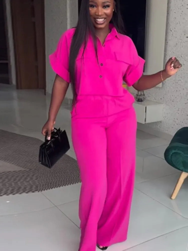 Women's Two Piece Sets Spring Summer Casual Solid Turn-down Neck Short Sleeve Loose Top & Wide Leg Pants Set Streetwear Outfits