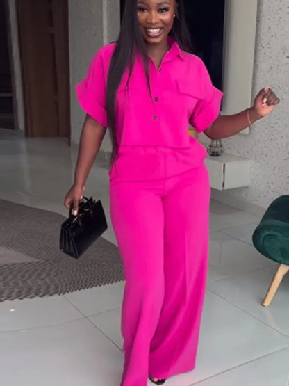 Women's Two Piece Sets Spring Summer Casual Solid Turn-down Neck Short Sleeve Loose Top & Wide Leg Pants Set Streetwear Outfits