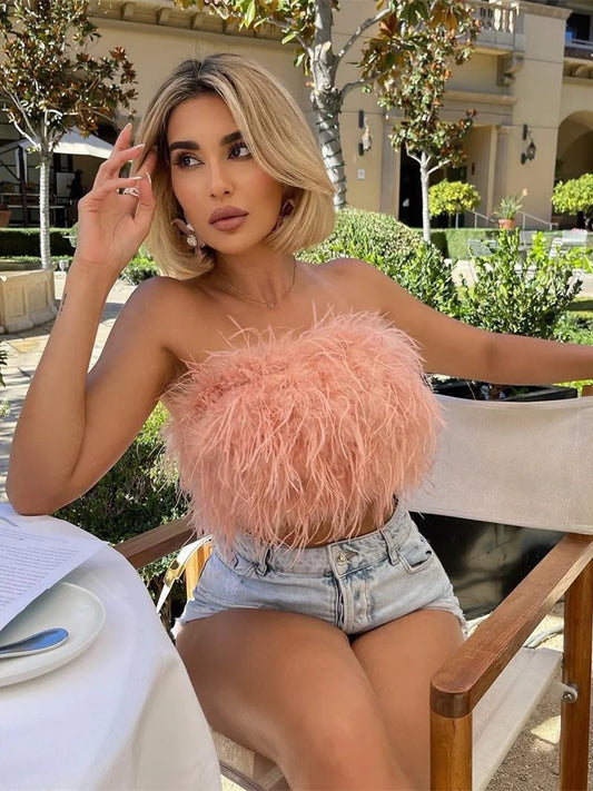 WESAYNB Wholesale Clothing Summer y2k Clothes Sexy Corset Tops Feather Strapless White Crop Tops Women 2022 Backless Design Top