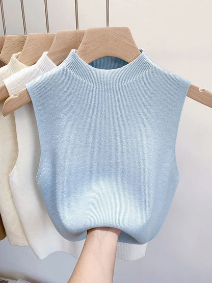 Knitted Top Women Y2K Tank Top Half Neck Vest Female Sleeveless Sweater Chic Streetwear Solid Skinny Tube Top Summer 2025