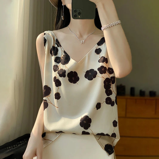 High-end Silk Camisole Vest For Women's Summer Outerwear With a Design Sense Of Suit And Mulberry Silk Top Rong Wan D24