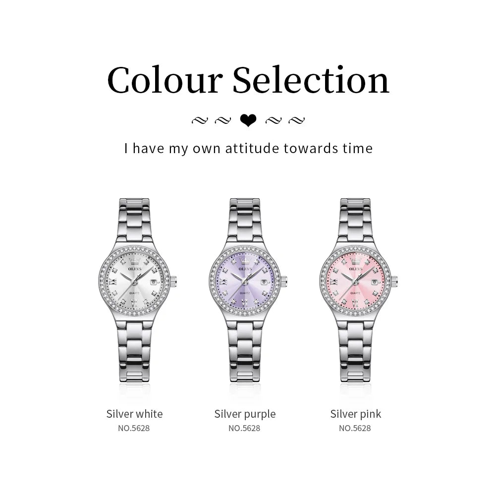 OLEVS 5628 Women Watch Luxury Elegant Quartz Watch Stainless Steel Waterproof Luminous Diamond Bezel Ladies Watch Bracelet Set