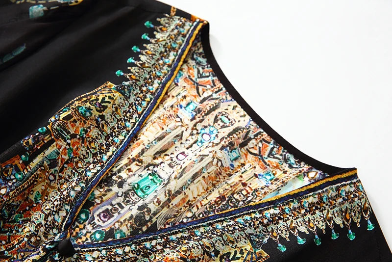 2025 Summer Bohemian Dresses For Women Elegant V-neck High Waist Women's Print Black Dress A-line 100% Real Silk Long Midi Dress Badiee Stylez