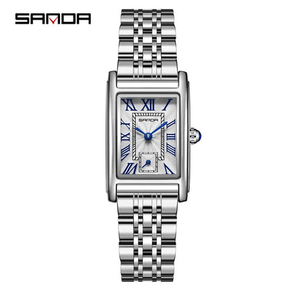 SANDA 1116 Quartz Watch Women Elegant Design Rectangle Dial Watches Waterproof Pointer Leather Business Ladies Wristwatches G Silver