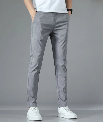 Male Suit Trousers Check Cooling Ice Silk Plaid Straight Up Clothes Offer Slacks Designer Men's Summer Pants Fabric 2024 Classic