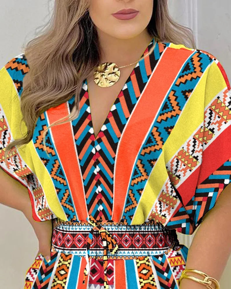 Jumpsuit Women Summer Women Loose Casual Printing Jumpsuit 2024Elegant Women Fashion V-neck Short Sleeve Waist Shorts Jumpsuit