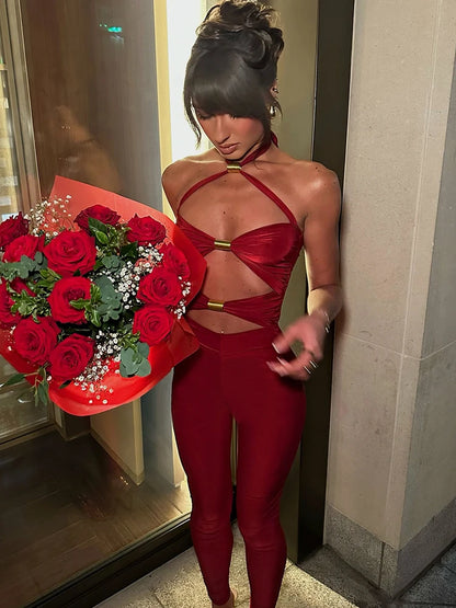 Sibybo Sleeveless Hollow Out Jumpsuit Women Fashion Metal Buckle Halter Backless Bodycon Rompers Overalls Sexy Party Clubwear