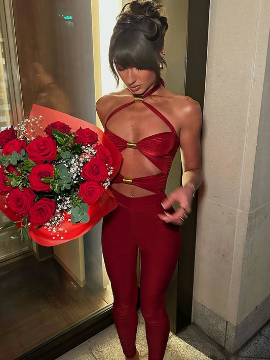 Sibybo Sleeveless Hollow Out Jumpsuit Women Fashion Metal Buckle Halter Backless Bodycon Rompers Overalls Sexy Party Clubwear