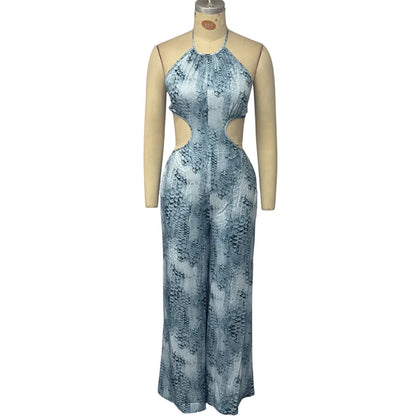 Wefads Jumpsuit Women 2025 Casual Fashion Sleeveless Printed Halter Neck Backless Lace Up Loose Wide Legs Pants Rompsers